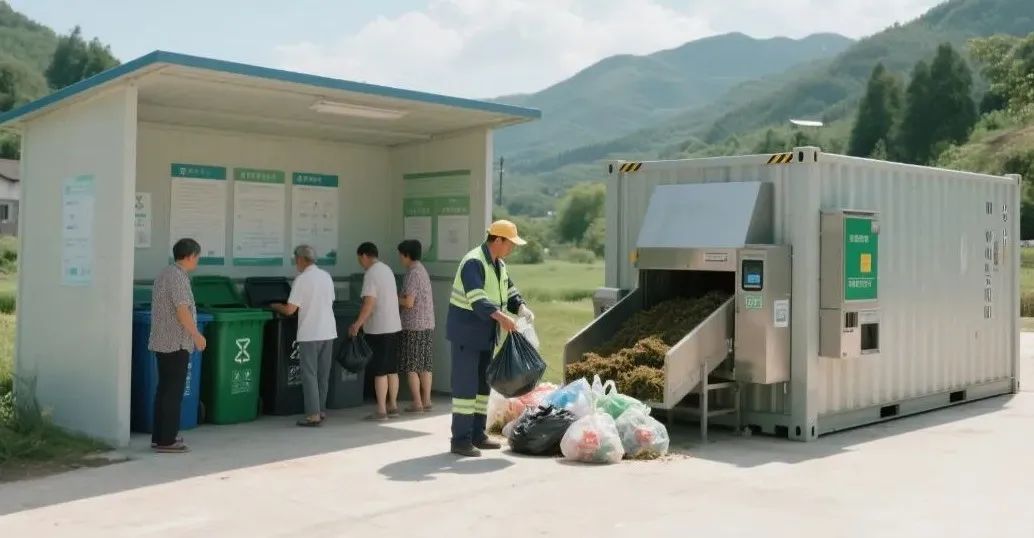 村落垃圾分类站点，环卫工人在分拣垃圾，居民在投放垃圾。旁边还有一个自动进出料的堆肥发酵设备，集装箱式的样子。.jpeg